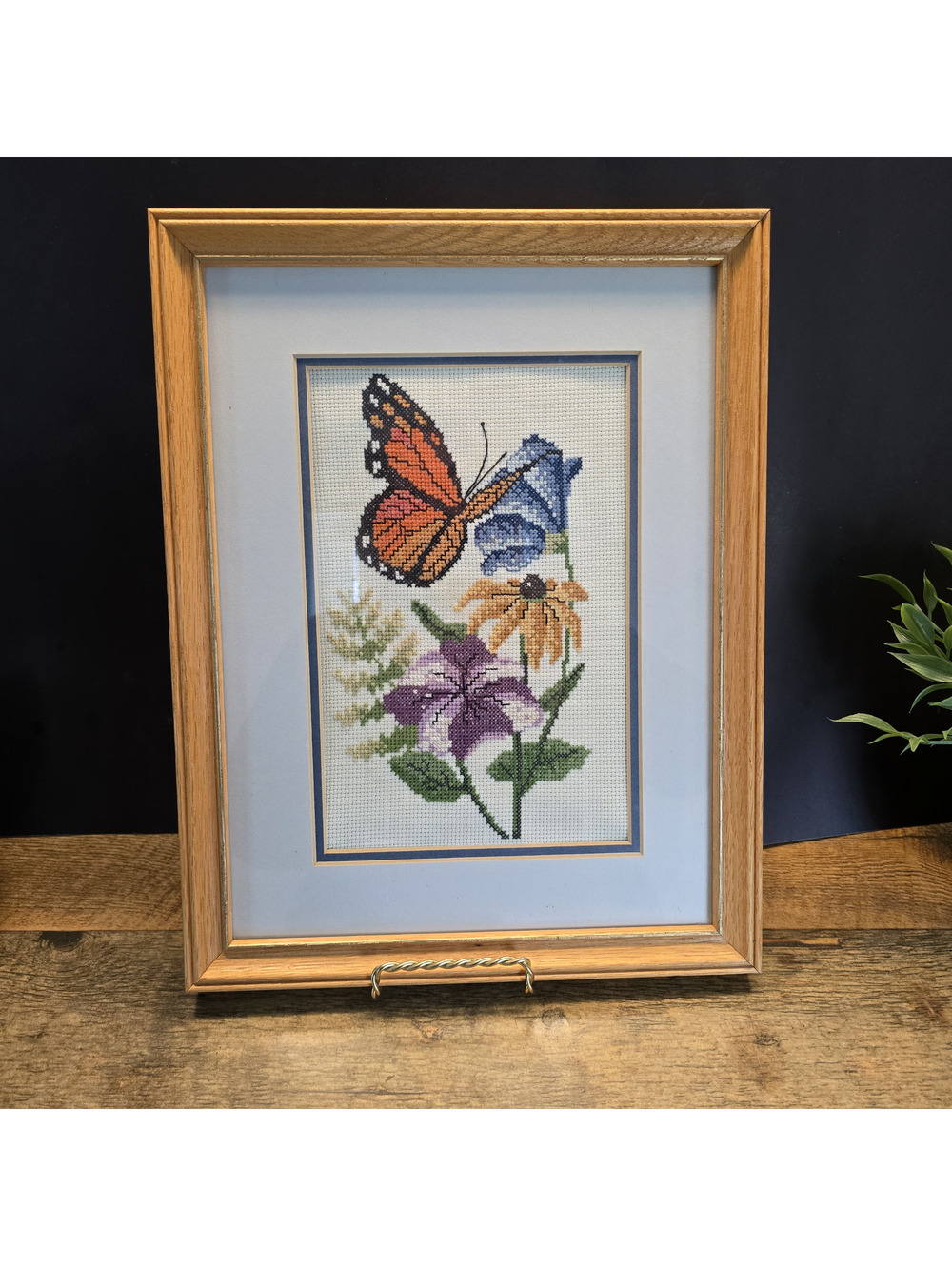 Vintage Butterfly Floral Cross Stitch Framed Needlework Botanical Wall Art Decor